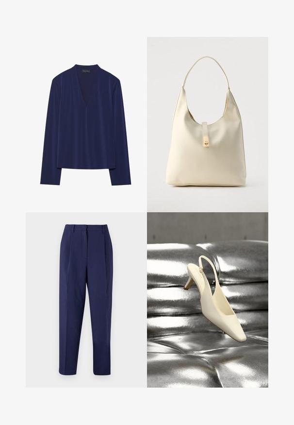 T-shirt à manches longues bleu marine avec un décolleté en V profond et un tissu doux et lisse. La conception offre une coupe décontractée avec peu de coutures et sans motifs.; Pantalon marine au design ajusté. Doté de plis avant, d'une texture lisse et d'une coupe droite. Pas de poches visibles ni d'ornements.; Chaussure à talon kitten slingback crème avec un bout carré reposant sur une surface en cuir argenté capitonnée et brillante.; Sac hobo en cuir couleur crème avec une seule bandoulière, texture lisse et un détail de fermoir doré à l'avant.