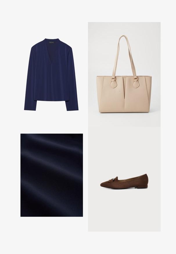 Mørkeblå langærmet bluse med dyb V-udskæring og blødt, glat stof. Designet har en afslappet pasform med minimale sømme og ingen mønstre.; Mørk navyblåt glat stof med bløde folder og subtil tekstur, der antyder et let og fint materiale.; Brun flad sko med spids tå og dekorativ spændedetalje på toppen, sat mod en ensfarvet lys baggrund.; Beige tote taske lavet af tekstureret kunstlæder, med dobbelte håndtag og guldfarvede hardware accenter. Designet inkluderer en delt frontdetalje.