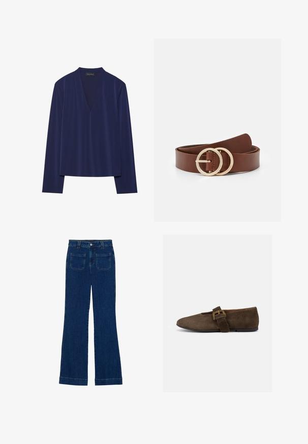 T-shirt à manches longues bleu marine avec un décolleté en V profond et un tissu doux et lisse. La conception offre une coupe décontractée avec peu de coutures et sans motifs.; Jean flare en denim bleu foncé avec une texture lisse, design à cinq poches et fermeture à bouton à la taille.; Chaussure plate en daim marron avec une large bride et une boucle dorée, bout arrondi et semelle noire basse, vue de profil sur fond blanc.; Ceinture en cuir marron dotée de deux boucles circulaires en ton or, avec une texture lisse et un design minimaliste. La longueur et la largeur varient.