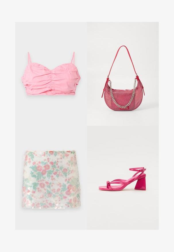 Lyserød rucheret cropped top med tynde stropper, der har en sweetheart-udskæring og en glat tekstur. Ingen udsmykninger eller mønstre.; Hvidt stof med blomstermønster i pastelfarvet pink og grønne blomster, der har en struktureret overflade og diskrete palietter langs bunden.; Lyserøde patenterede læderhælede sandaler med firkantet tå, smalle stropper og en geometrisk blokhæl. Har en spænde detaljer på stroppen.; Rød perforeret håndtaske med en buet form, der har en sølv kædeaccent og en matchende skulderrem. Logo vist på fronten.