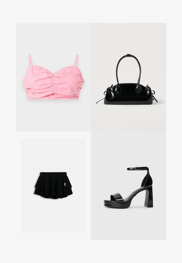 Top court rose froncé avec des fines bretelles, mettant en avant une encolure en cœur et une texture de tissu lisse. Sans embellissements ni motifs.; Mini-jupe noire à volants avec taille élastique et petit logo blanc sur le côté droit, présentée sur un fond clair uni.; Buffalo ALICE NEAT - Sandales à talons hauts - black; Petit sac à main noir brillant avec deux longues anses et des détails à cordon sur les côtés sur un fond clair uni.