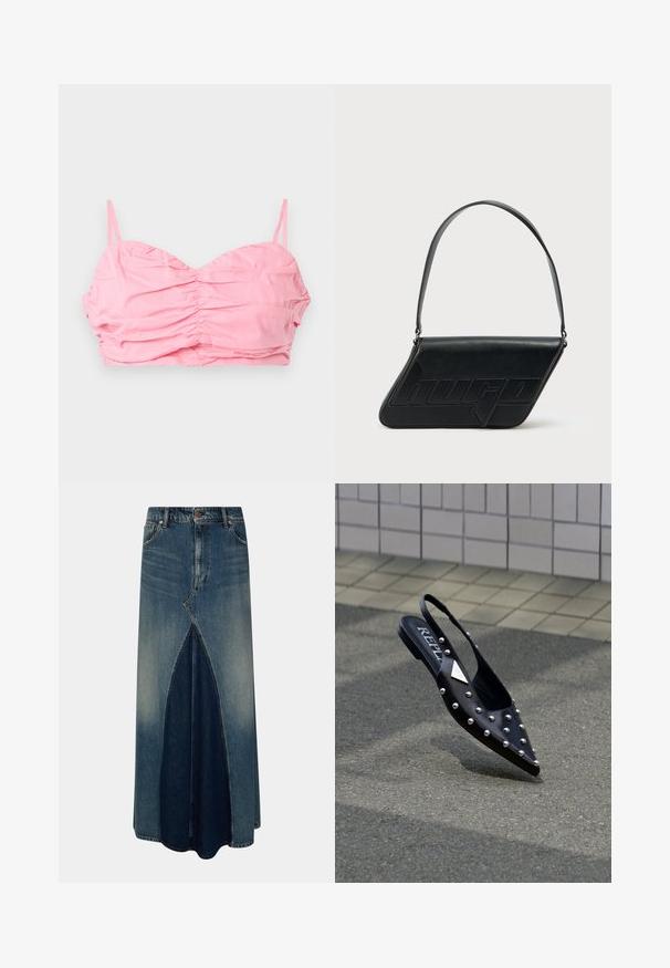 Lyserød rucheret cropped top med tynde stropper, der har en sweetheart-udskæring og en glat tekstur. Ingen udsmykninger eller mønstre.; Blå denim maxi nederdel med frontinverteret plissé, bæltesløjfer, knap- og lynlåslukning samt lysvasket detaljer.; Sort spids slingback-sko lavet af glat materiale, med sølvnitter, flad sål og logo på indersålen.; Sort skuldertaske i læder med trekantet form, præget logo og en enkelt justerbar rem. Minimalistisk design med glat tekstur.