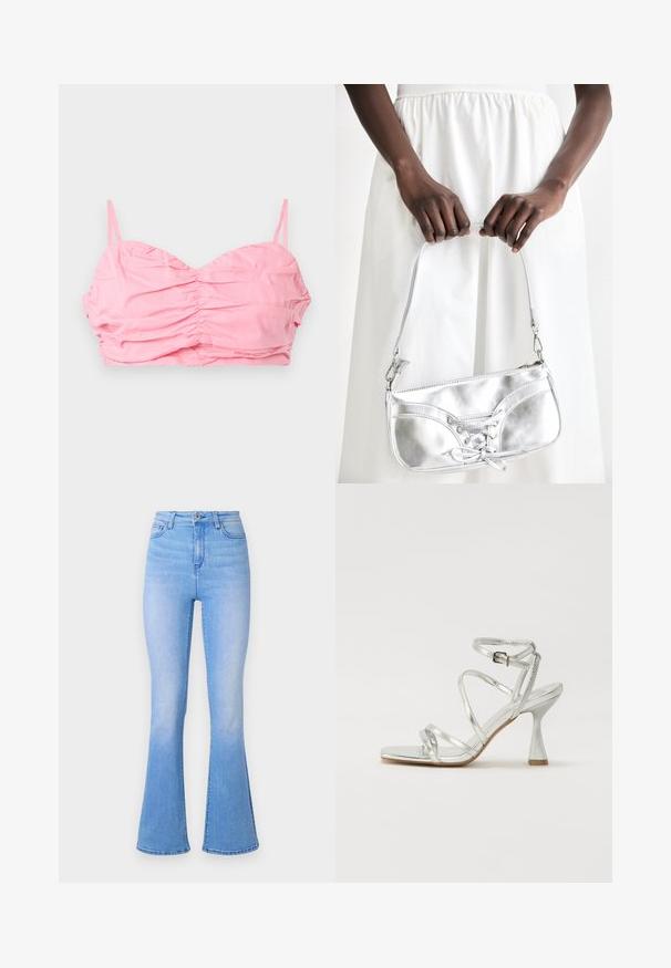 Roze gerimpelde crop top met dunne straps, met een sweetheart halslijn en een gladde stof textuur. Geen versieringen of patronen.; Lichtblauwe flare jeans met hoge taille, gemaakt van denim. Heeft een gladde textuur en een subtiele vervaging naar de zoom toe. Klassiek ontwerp met vijf zakken.; Zilveren sandaal met hoge hakken, gekenmerkt door meerdere kruislingse banden, een gespsluiting bij de enkel en een sculpturale hak, met een glanzende metallic afwerking.; Zilveren metalen handtas met vetersluiting, met een strak ontwerp en een korte schouderriem. De tas wordt vastgehouden in de handen, waardoor de textuur goed tot zijn recht komt.