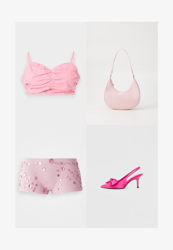 Lyserød rucheret cropped top med tynde stropper, der har en sweetheart-udskæring og en glat tekstur. Ingen udsmykninger eller mønstre.; Lyserøde ribbede shorts prydet med forskellige størrelser af skinnende lyserøde knapper spredt over stoffet.; Lyserød slingback højhælet sko med spids tå og stor dekorativ sløjfe på toppen, sat mod en ensartet lys baggrund.; Call it Spring CELESTY - Håndtasker - other pink