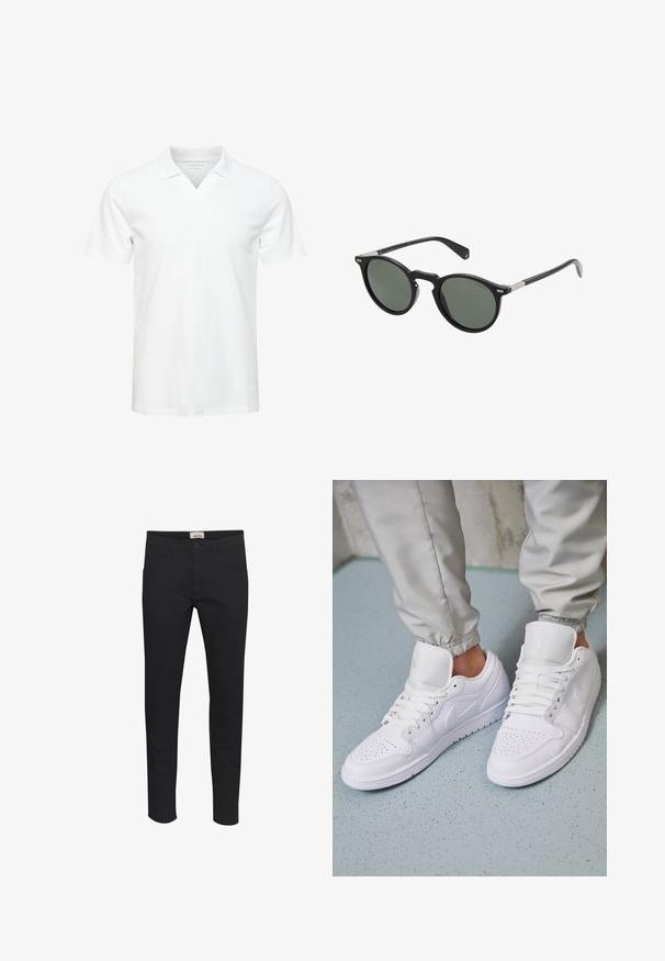 Witte polo shirt met korte mouwen en V-halsontwerp, gemaakt van zacht materiaal; heeft een subtiele logo op de borst. Gladde textuur, casual pasvorm.; Zwarte broek van stevige stof, met een standaard pasvorm, vijf zakken en een knoopsluiting. Stijlvol en veelzijdig.; Witte leren sneakers met een geperforeerde neus, platte veters, een gepolsterde kraag en het Jordan-logo op de tong. Gediend met grijze joggers.; Ronde zwarte zonnebril met donker groene lenzen, plastic frame en metalen accenten op de tempels. Glad oppervlak, minimalistisch ontwerp.
