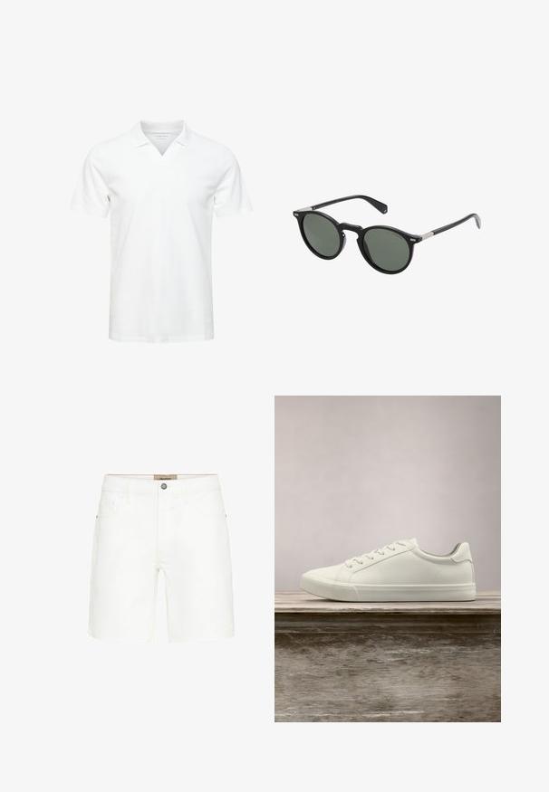 Weißes Poloshirt mit kurzen Ärmeln und V-Ausschnitt, aus weichem Stoff gefertigt; mit einem dezenten Logo auf der Brust. Glatte Textur, lässige Passform.; Weiße Denim-Shorts mit einem klassischen Fünf-Taschen-Design, Metallknopfverschluss und kontrastierenden Stickdetails. Glatte Textur und gerader Schnitt.; Weiße Schnürsneaker, die über einer Holzbank mit grünem Laub im Hintergrund schweben und das Schuhdesign sowie die Textur zeigen.; Runde schwarze Sonnenbrillen mit dunkelgrünen Gläsern, Kunststoffrahmen und Metallakzenten an den Bügeln. Glatte Textur, minimalistisches Design.