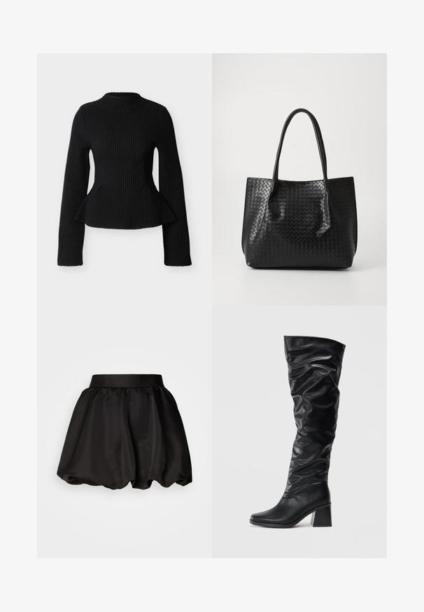 Top negro de manga larga con textura acanalada, cintura ajustada y leve vuelo estilo peplum, escote redondo alto y tejido de punto texturizado.; Falda de satén negra con una cinturilla ancha, que presenta una forma burbuja volumétrica. Textura suave sin patrones visibles ni detalles de hardware.; Botas negras hasta la rodilla hechas de cuero brillante con un diseño arrugado, puntera afilada y un tacón grueso. Textura suave con un brillo sutil.; Bolso tote de cuero trenzado negro con dos asas, forma estructurada y un sutil acabado brillante sobre un fondo claro.