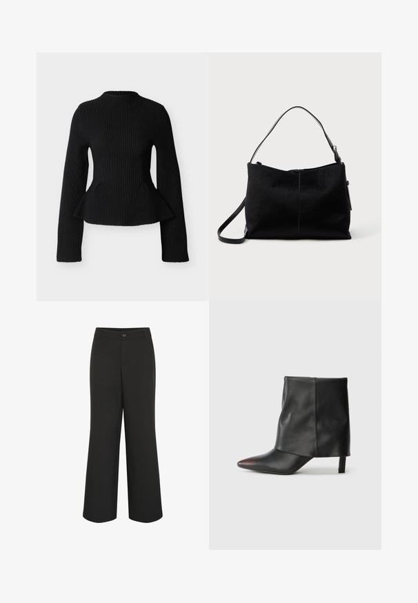 Sort ribstrikket langærmet top med taljeret pasform og let peplum-udslag, høj rund halsudskæring og tekstureret strikket stof.; Culture CUALAINE - Bukser - black; Sort ankelstøvle lavet af glat læder med spids tå og tilspidset hæl. Overdelen har et let rynket design.; Sort skuldertaske med en glat, tekstureret overflade, prydet med en enkelt rem og en lynlåslukning øverst. Kompakt rektangulær form.