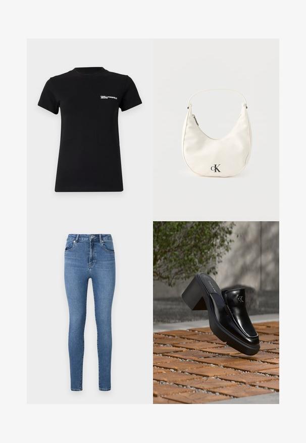 Camiseta negra de algodón; cuenta con mangas cortas, un cuello redondo y un logo blanco en el área del lado izquierdo del pecho. Textura suave.; Jeans ajustados de mezclilla azul medio, con una cintura alta, diseño de cinco bolsillos y un sutil detalle de costura en los bolsillos y costuras.; Mule tipo slip-on de cuero negro de Calvin Klein con tacón de bloque descansando sobre baldosas de madera al aire libre cerca de una planta verde y una pared gris.; Pequeño bolso blanco en forma de media luna con correa corta, cierre de cremallera y logo negro "cK" en el frente.