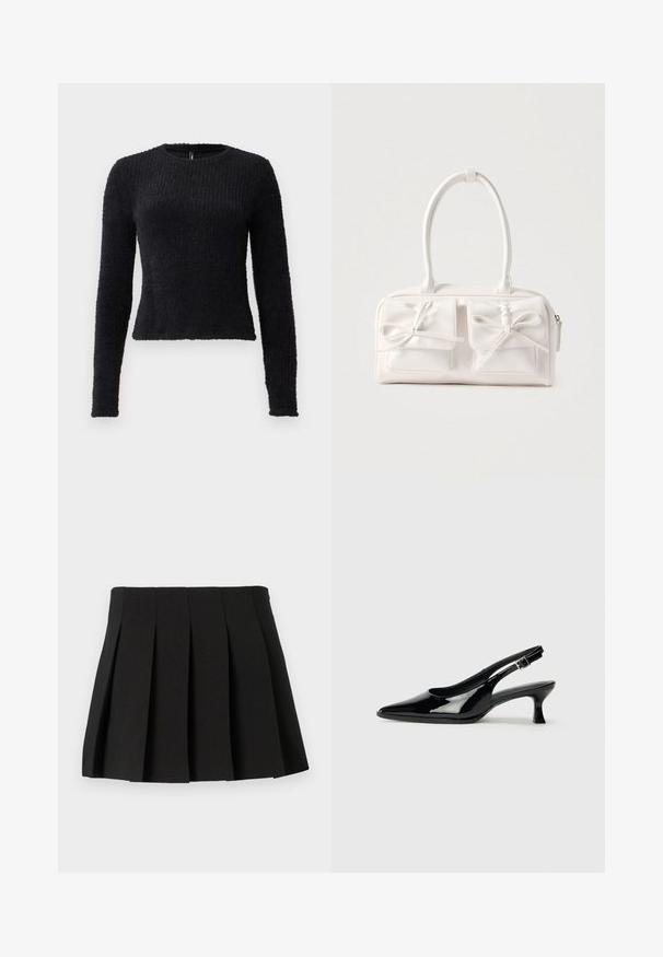 Jersey negro de manga larga, con textura suave y pelusosa, cuello redondo y cintura ligeramente ajustada.; Mini falda negra con diseño estructurado, hecha de una tela suave. Cuenta con una cinturilla y pliegues verticales espaciados uniformemente.; Zapatos de charol negro tipo slingback con punta afilada y tacón bajo. Correa ajustable con hebilla en el tobillo.; Bolso sintético blanco con dos bolsillos delanteros, cada uno con un detalle de lazo atado. Textura suave, asas redondeadas y cierre de cremallera.
