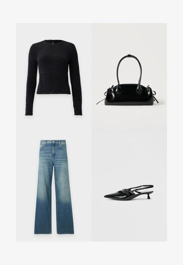 Pull noir à manches longues en tricot avec texture duveteuse, col rond et taille légèrement cintrée.; Jean en denim bleu taille haute avec une coupe large, poches avant, fermeture par boutons et détails délavés sur les cuisses et le bas des jambes.; Chaussure slingback en cuir verni noir avec bout pointu, petit talon carré et bride ajustable ornée de détails découpés et d'accents logo.; Petit sac à main noir brillant avec deux longues anses et des détails à cordon sur les côtés sur un fond clair uni.