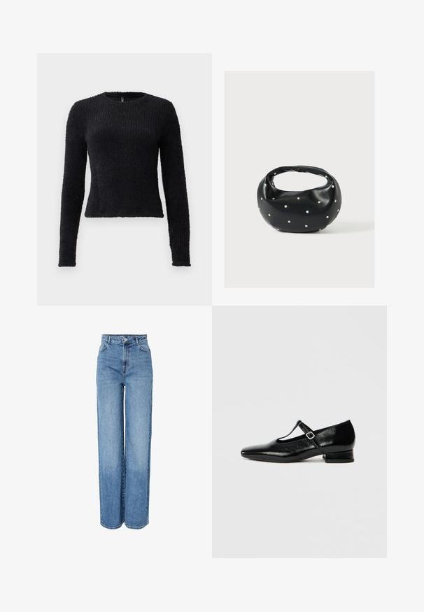 Pull noir à manches longues en tricot avec texture duveteuse, col rond et taille légèrement cintrée.; Jean en denim bleu, taille haute, coupe droite, avec fermeture à boutons et zip à l'avant, passants pour ceinture et poches avant et arrière.; Chaussures Mary Jane en cuir noir avec bout pointu, petit talon carré et bride ajustable avec une boucle argentée. Texture lisse et brillante.; Sac à main en cuir noir de forme arrondie, décoré de clous argentés et équipé d'une poignée courte. Texture lisse et fermeture éclair.