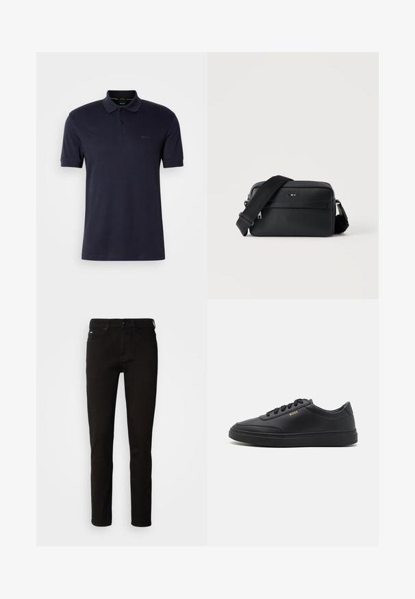 Marineblauw polo shirt met een zachte textuur, knoopsluiting met twee knopen, korte mouwen en een subtiele logo op de linkerborst. Eenvoudig en klassiek ontwerp.; Zwarte denim jeans met een rechte pijp, een ritssluiting en een vijf-pocket ontwerp. De stof heeft een gladde textuur zonder zichtbare patronen.; Zwarte leren sneakers met een gladde textuur, ronde neus, platte rubberen zool en tonale veters. Kenmerkt zich door de gouden "BOSS" branding aan de zijkant.; Zwarte gestructureerde leren crossbodytas met voorvak met ritssluiting en verstelbare brede stoffen schouderband op een witte achtergrond.