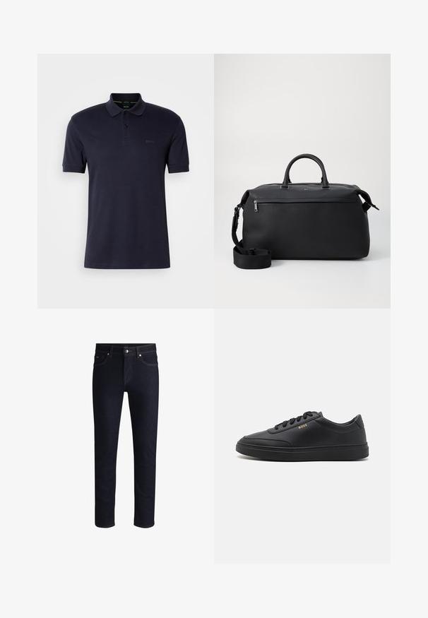 Marineblauw polo shirt met een zachte textuur, knoopsluiting met twee knopen, korte mouwen en een subtiele logo op de linkerborst. Eenvoudig en klassiek ontwerp.; Donkerblauwe denim jeans met een slim fit, gekenmerkt door contrasterende oranje stiksels, vijf zakken en een knoopsluiting op de taille.; Zwarte leren sneakers met een gladde textuur, ronde neus, platte rubberen zool en tonale veters. Kenmerkt zich door de gouden "BOSS" branding aan de zijkant.; Zwarte leren reistas met twee bovenhandvaten, een afneembare schouderband en een ritsvak aan de voorkant voor extra opbergruimte.