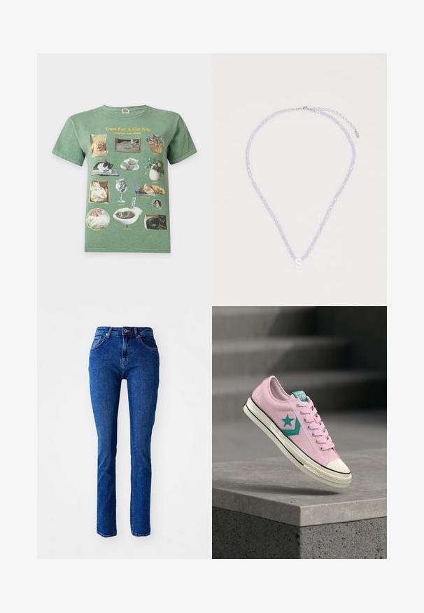 Camiseta verde con ilustraciones de gatos durmiendo en varios lugares y texto que dice "Time For A Cat Nap, Snooze and Mews."; Jeans de mezclilla azul con un corte ajustado, cintura alta, piernas rectas y detalles cosidos. Cuenta con un cierre de botón y cremallera. Sin adornos adicionales.; Zapatilla deportiva de lona rosa con un logotipo de estrella turquesa, puntera de goma blanca y detalle de raya negra en la suela. Presenta un diseño con cordones.; Collar de cuentas de lavanda con un colgante en forma de letra 'S' blanca y cierre de plata. Presenta una delicada cadena para ajustar.
