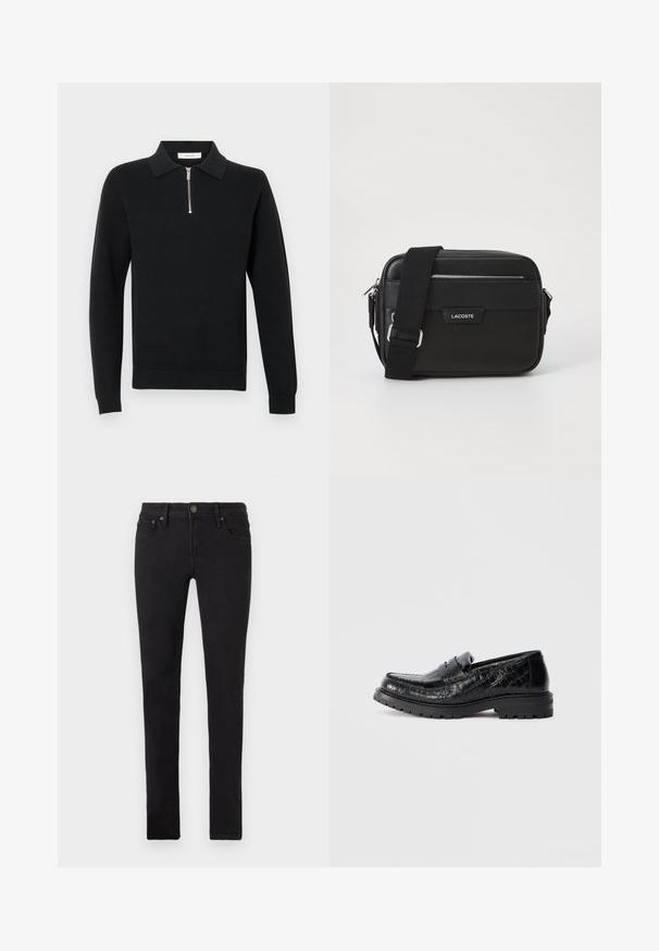 Zwart pullover trui met een kraag, heeft een voorste half-rits sluiting, textuur gebreid materiaal, en ribgebreide manchetten en zoom.; Zwarte slim-fit jeans met vijf zakken, knoopsluiting en riemlussen, plat weergegeven op een witte achtergrond.; Zwarte loafer van krokodillenleer met een chunky zool en een pennyband, zijaanzicht, geïsoleerd op een lichte grijze achtergrond.; Zwarte schoudertas van gestructureerd synthetisch materiaal, met zilverkleurige hardware, verstelbare schouderband, een logo plaat aan de voorkant en een ritsluiting.