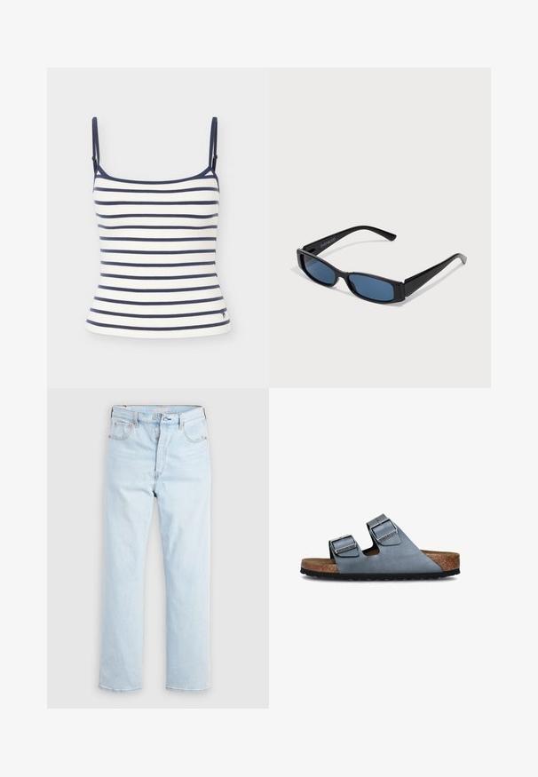 Débardeur blanc avec rayures horizontales bleu marine et fines bretelles ajustables sur un fond clair.; Jean bleu clair taille haute à jambes droites avec braguette à boutons et poches avant et arrière sur un fond blanc uni.; Sandales à deux lanières en cuir bleu doux avec une semelle en liège et une semelle extérieure en caoutchouc noir. Caractéristiques des boucles en argent brillant sur chaque lanière.; Lunettes de soleil noires avec une monture rectangulaire élégante et des verres bleus. Présente une texture lisse et des branches robustes. Logo de la marque sur le côté.