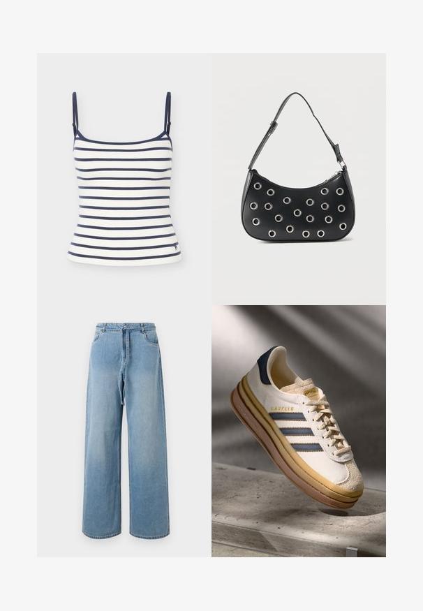 Wit tanktopje met marineblauwe horizontale strepen en dunne verstelbare schouderbandjes op een lichte achtergrond.; Lichtblauwe denim wijde pijpen jeans met een hoge taille, voorzien van voorzakken, een strikriem en een vervaagde textuur.; Adidas Gazelle sneaker met een crème suède bovenwerk, blauwe leren accenten, drie blauwe strepen, beige tussenzool en een bruine rubberen outsole.; Zwarte leren schoudertas met verstelbare riem, voorzien van zilveren metalen oogjes en een ritssluiting bovenaan.