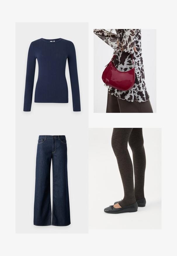 Marineblå langærmet ribbet top med rund halsudskæring, tætsiddende snit og sømløs kant mod en ensfarvet hvid baggrund.; Bredde ben jeans i mørkeblå denim. Har kontrastsyninger, fem lommer og en knaplukning i taljen. Glat tekstur.; Ben iført mørke ribbede leggings kombineret med sorte balletsko med små sløjfedetaljer på hvid baggrund.; Kvinde iført en sort- og hvidmønstret bluse, der holder en blank rød skuldertaske mod en ensfarvet baggrund.