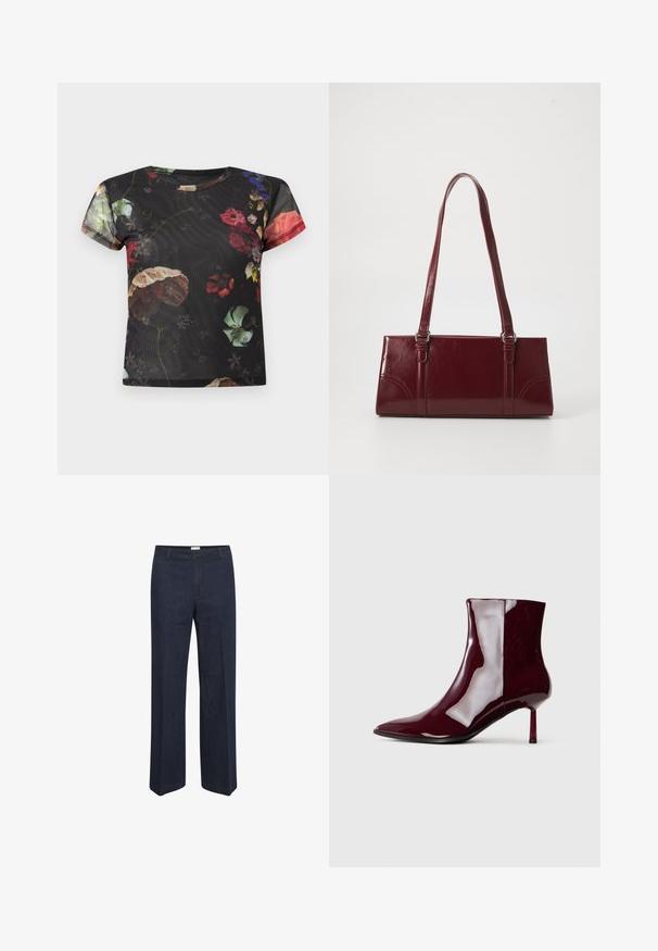 Florales T-Shirt mit kurzen Ärmeln aus schwarzem durchsichtigem Stoff, versehen mit lebhaften mehrfarbigen Blumenmotiven und rundem Ausschnitt. Strukturierte Oberfläche.; Dunkelblaue, weite Jeans mit klassischem Taillenbund und Vordertaschen, entworfen für einen bequemen Sitz und vielseitigen Stil.; Schimmernder dunkelroter Knöchelstiefel mit spitzem Zeh und dünnem, mittelhohem Absatz auf einem schlichten, hellen Hintergrund.; Burgunderfarbene Handtasche aus glänzendem Material, rechteckige Form, mit zwei Schulterriemen und subtilen, geschwungenen Akzenten an der Vorderseite.
