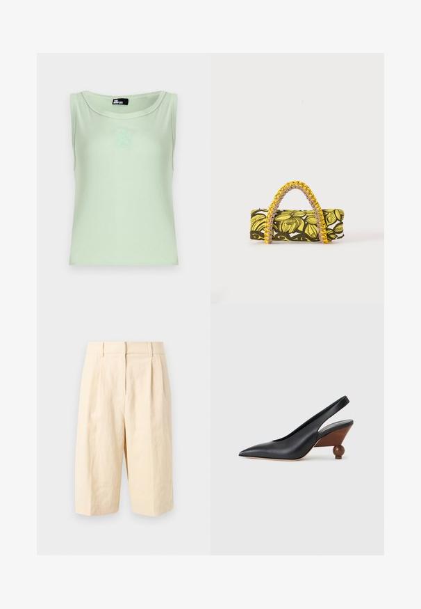 Débardeur vert clair sans manches avec encolure ronde et petit blason brodé centré sous l'encolure.; Short beige taille haute longueur genou avec passants de ceinture et plis devant, présenté sur un fond clair uni.; Chaussure à bout pointu noire avec bride arrière, talon bloc arrondi en bois et dessus en cuir lisse sur fond gris clair.; Sac rectangulaire avec motif floral jaune et noir et anse tressée jaune et rose sur fond blanc.