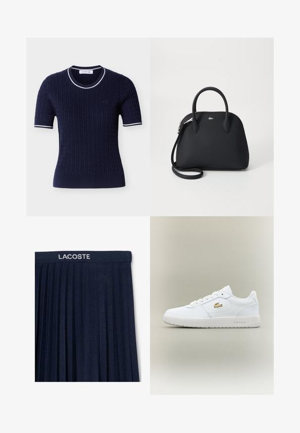 Marineblauw gebreid topje met korte mouwen, kabelpatroon, witte gestreepte afwerking aan kraag en mouwranden, en klein geborduurd logo op de borst.; Marineblauwe geplisseerde rok met een elastische tailleband en witte "LACOSTE"-logo. Zachte stofstructuur met verticale plooien voor beweging.; Witte leren sneakers met een laag ontwerp, ronde neus, vetersluiting en een gouden Lacoste-logoaccent aan de zijkant.; Zwarte handtas van textuur materiaal, voorzien van twee bovenhandvatten en een afneembare schouderriem, met een zilveren logo-accent.
