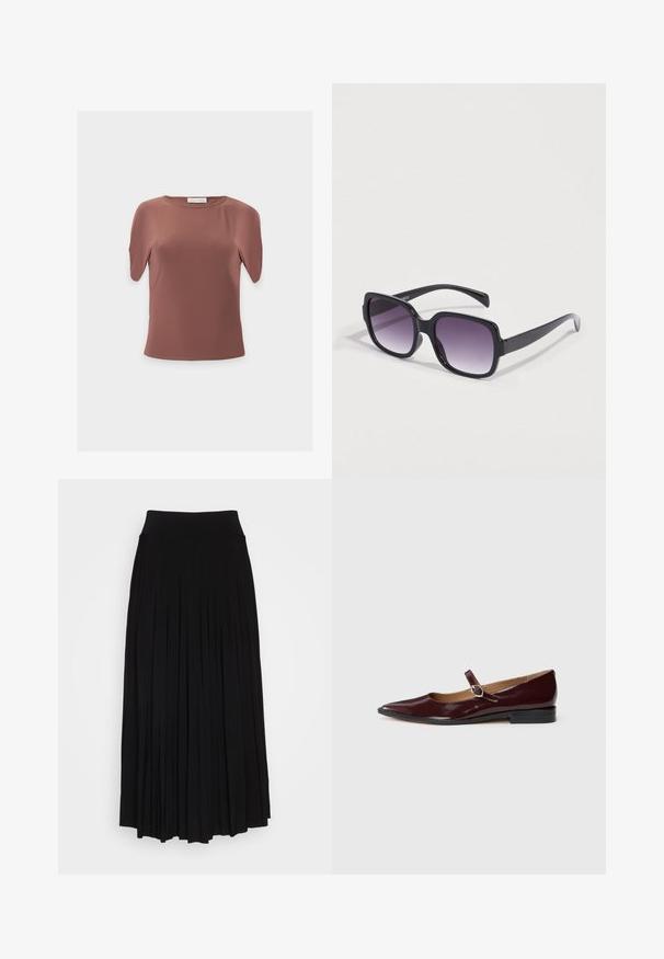 Bruin dames top met korte mouwen en een ronde hals, met een gladde textuur en een label met de tekst "Anna Field" aan de achterkant van de halslijn.; Zwarte plissé rok met een hoge, elastische tailleband. Gemaakt van zachte stof, met verticale plooien voor een vloeiende silhouet.; Bordeaux patentleren Mary Jane ballerina's met een spitse neus, platte hak en een decoratieve band met een ronde gespaccent.; Zwarte zonnebril met een opvallend vierkant montuur, voorzien van paarse, verloopkleurige glazen en strakke zijkanten. Gladde plastic afwerking, geen zichtbare logo's.