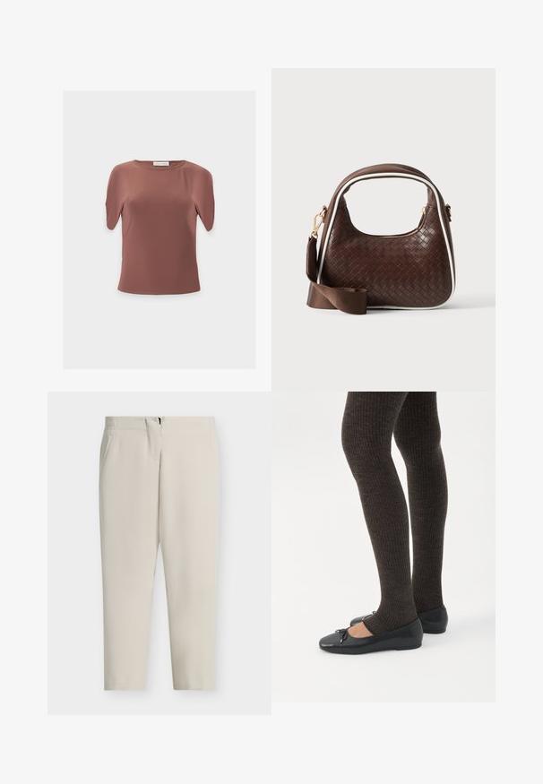Top de mujer marrón, de manga corta y cuello redondo, con una textura suave y una etiqueta que dice "Anna Field" en la nuca trasera.; Pantalones beige a medida con pierna recta, bolsillos laterales y cierre frontal con cremallera. Tejido liso con un diseño limpio y minimalista.; Piernas con leggings oscuros acanalados combinados con bailarinas negras que presentan pequeños detalles de lazo sobre un fondo blanco.; Bolso de mano de piel trenzada marrón con ribete blanco, cremallera dorada y correa de hombro de tela marrón desmontable.