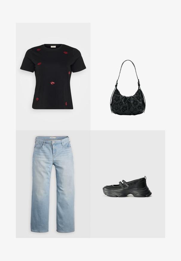 Sort t-shirt med korte ærmer, der har tekstureret rød læbeformet broderi spredt over forsiden og en klassisk rund halsudskæring.; Lyseblå vide jeans lavet af denim. Har høj talje, fem lommer og kontrastsyede detaljer. Glat tekstur med en slidseffekt.; Sorte sko med et struktureret mesh-overdel, rund tå, to justerbare stropper og en chunky, bølget sål for ekstra støtte.; Sort læderhåndtaske med et vævet design, der har tre blomsterapplikationer og en enkelt skulderrem. Lynlås lukning øverst.