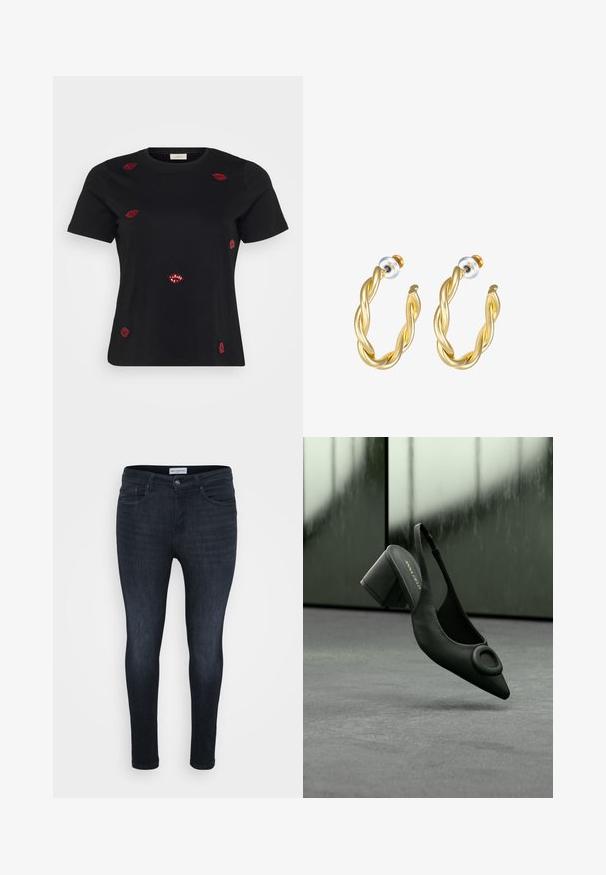 Sort t-shirt med korte ærmer, der har tekstureret rød læbeformet broderi spredt over forsiden og en klassisk rund halsudskæring.; Mørkeblå skinny jeans med en glat overflade, der har et klassisk fem-lomme-design og en lynlås med knaplukning.; Sort læder slingback højhælede sko med spids tå og rund spænde, placeret mod en grå gulv og sløret baggrund.; Guld snoede hoops øreringe med en glat overflade, der har en transparent baggrund og hardware i guldtoner.