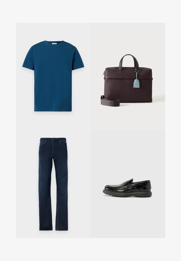 Dunkelblaues T-Shirt mit Rundhalsausschnitt aus weicher Baumwolle, mit kurzen Ärmeln und einfacher, glatter Textur sowie geradem Schnitt.; Dunkelblaue Jeans aus Denim mit geradem Schnitt, fünf Taschen, einem Knopfverschluss und kontrastierenden Nähten entlang der Säume.; Schwarze Lederloafer mit glanzendem Finish, abgerundetem Zehenbereich, subtilen Steppnähten und einer dicken Gummisohle für Langlebigkeit.; Dunkelbraune Leder-Aktentasche mit oberen Griffen, abnehmbarem Schulterriemen und hellblauem Lederanhänger, der von einem Griff hängt.