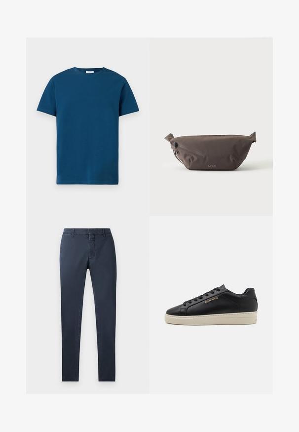 Donkerblauw T-shirt met ronde hals, gemaakt van zacht katoen, met korte mouwen en een eenvoudige, gladde textuur met een rechte pasvorm.; Marineblauwe broek met een slim fit, gemaakt van een katoenen mengsel. Voorzien van een standaard tailleband, een voorkeursrits en zijzakken.; Zwarte leren sneaker met een gladde afwerking, contrasterende crèmekleurige zool, ronde neus, gouden logo aan de zijkant en zes gaatjes voor veters.; Donkerbruine stoffen heuptas met diagonale ritssluiting en klein wit logo aan de voorkant, tegen een effen lichte achtergrond.