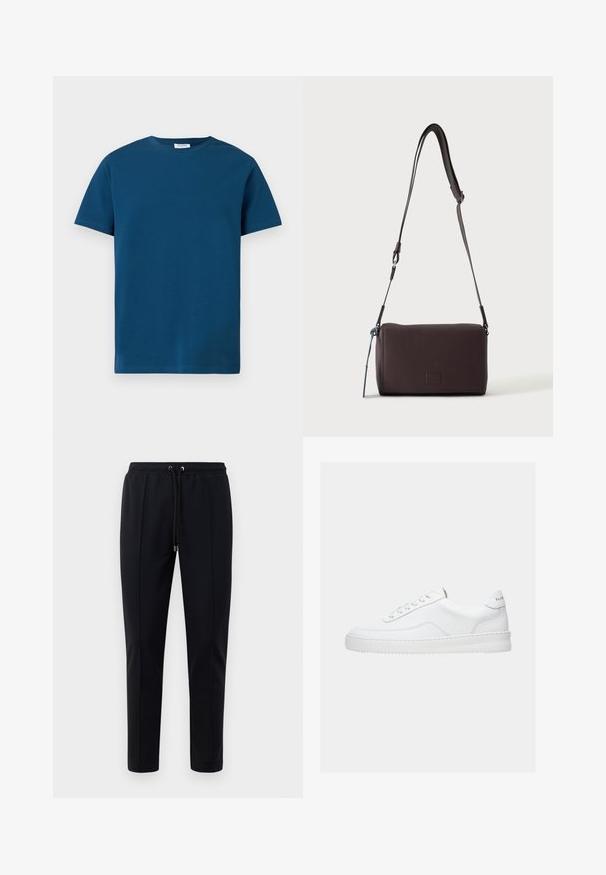 Dunkelblaues T-Shirt mit Rundhalsausschnitt aus weicher Baumwolle, mit kurzen Ärmeln und einfacher, glatter Textur sowie geradem Schnitt.; Schwarze Jogginghosen aus weichem, elastischem Material. Mit einem elastischen Bund und Kordeln sowie schmal zulaufenden Beinen. Keine sichtbaren Muster.; Weißer Sneaker mit niedrigem Schaft, Schnürdesign, glattem Lederobermaterial und dicker Sohle, von der Seite auf einfachem Hintergrund gezeigt.; Dunkelbraune, strukturierte Leder-Crossbody-Tasche mit verstellbarem Riemen und kleinem dekorativen blauen Akzent an der Seite.