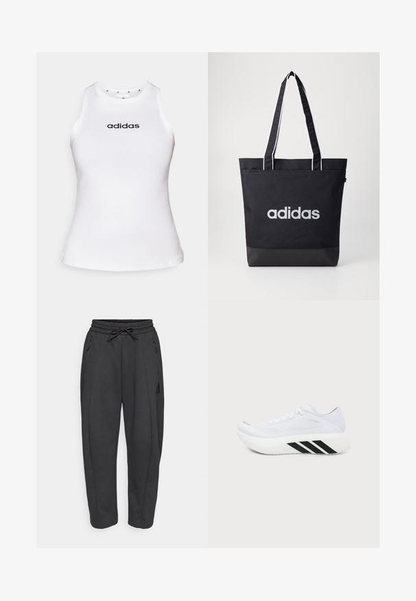 Camiseta atlética sin mangas de color blanco, hecha de tela suave. Presenta un cuello redondo y el logo negro de "adidas" en el pecho. Diseño simple, sin patrones.; Pantalones deportivos negros con cintura elástica, cordón ajustable, bolsillos con cremallera en los lados y piernas ajustadas. Fabricados con un tejido suave y texturizado.; Zapatilla deportiva blanca con suela gruesa, rayas diagonales negras en la entresuela, parte superior de malla y cordones, mostrada desde un lado sobre un fondo liso.; Bolsa de tote negra con el logo "adidas" en gris, hecha de un tejido duradero, con dos correas para el hombro y un panel inferior negro en contraste.