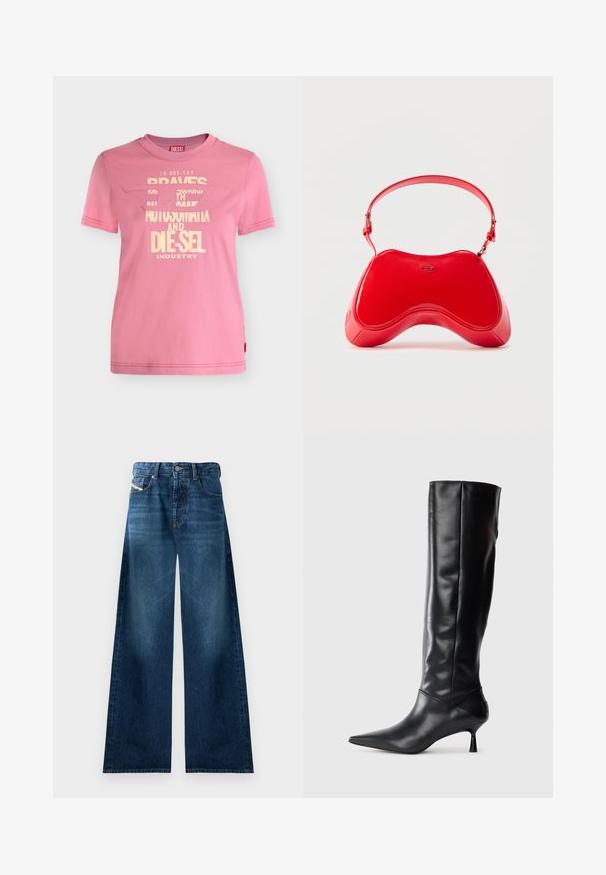 Pinkes Diesel T-Shirt mit kurzen Ärmeln, cremefarbenem Grafiktext und teilweise ausgeschnittenem Logo auf der Vorderseite.; Weite Jeans aus Denim in dunkler Waschung. Verfügt über ein traditionelles Fünf-Taschen-Design, einen Knopfverschluss und leichte Ausbleichungen an den Oberschenkeln.; Schwarze Lederstiefel bis zum Knie mit spitzem Zehenbereich und schmalem, geschwungenem Absatz. Glatte Textur, enganliegendes Design und keine sichtbaren Beschläge oder Muster.; Rote Lackledertasche mit geschwungener, ergonomischer Form, ausgestattet mit einem dünnen, verstellbaren Riemen und einem dezenten Logo-Akzent auf der Vorderseite.