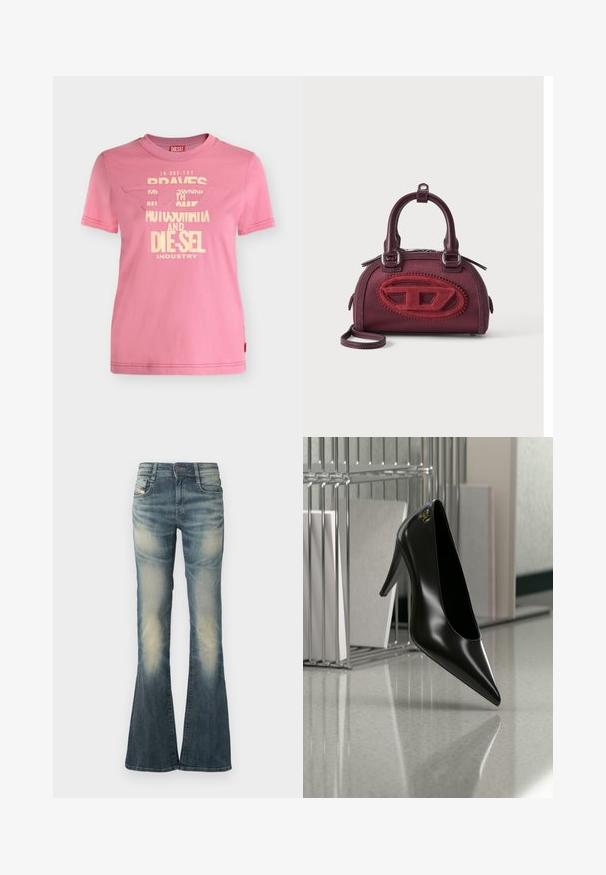 Pink Diesel kortærmet t-shirt med cremefarvet grafisk tekst og et delvist udskåret logo foran.; Denimjeans med vidde i en falmet blå farve med let slid. Har lukning med knapper foran, fem lommer og en talje i mellemhøjde.; Sort højhælet sko med spids tå og guldlogo, placeret på en reflekterende overflade nær en krom trådfilholder med dokumenter.; Lille burgunderfarvet håndtaske med afrundet form, dobbelt håndtag og stort tekstureret rødt ovalt logo foran mod ensfarvet baggrund.