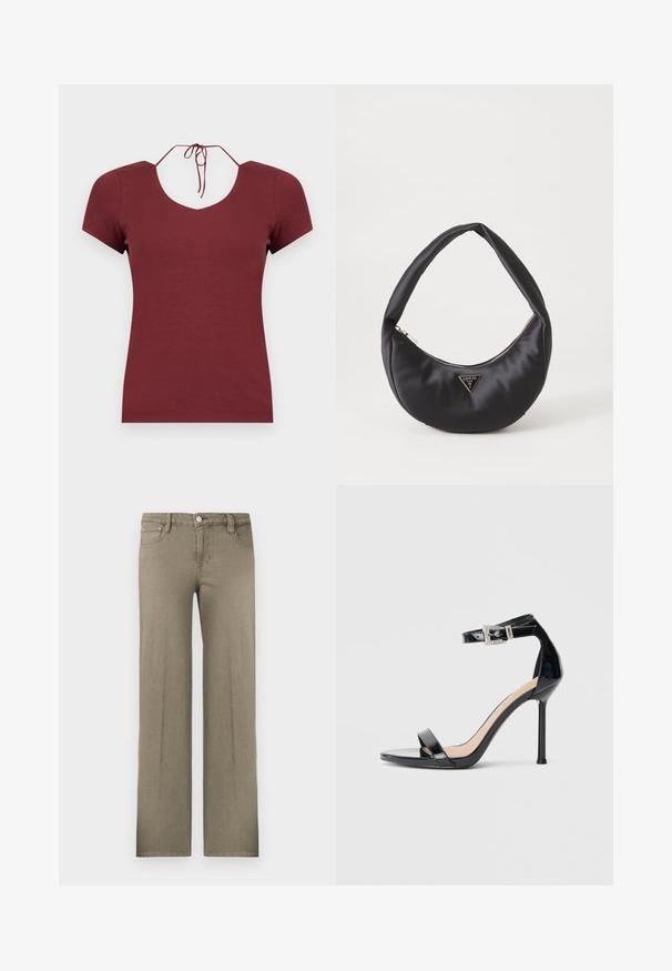 Haut bordeaux à manches courtes avec col en V et fines bretelles nouées à l'arrière du cou, présenté sur un fond blanc.; Pantalon à jambes larges de couleur vert olive, en denim. Il présente une conception classique à cinq poches, une fermeture à boutons et une texture subtile.; Sandale à talon haut en cuir verni noir avec bride à la cheville. Présente un design minimaliste, un bout ouvert et une boucle ornée de strass.; Sac à main en satin noir avec une forme courbée, doté d'une fermeture à glissière et d'un logo triangulaire en métal à l'avant. Texture lisse et design épuré.