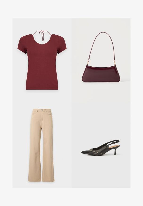 Haut bordeaux à manches courtes avec col en V et fines bretelles nouées à l'arrière du cou, présenté sur un fond blanc.; Pantalon beige taille haute, jambes larges, fermeture à boutons devant, poches avant et arrière, présenté sur fond blanc.; Escarpin à bride arrière en cuir noir avec bout pointu, petit talon et accents métalliques décoratifs le long de l'ouverture avant. Texture lisse.; Sac à main brillant bordeaux foncé avec une anse fine unique et une forme trapézoïdale élégante sur un fond clair uni.