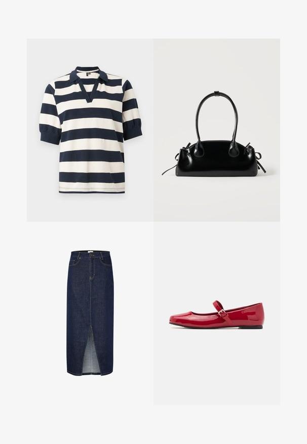 Stribet bomulds polo skjorte med hvide og marineblå vandrette striber, korte puffærmer, V-udskæring og ribbet krave.; Mørkeblå denim blyantskørt med en frontslids, der har gul syning og det klassiske fem-lomme design. Lynlåslukning bagpå.; Røde patentlæder Mary Jane flade sko med firkantet tå, spænde-strop og lav sort hæl. Glat overflade og skinnende finish.; Lille sort blank håndtaske med to lange håndtag og snøre-detaljer i siden på en ensfarvet lys baggrund.
