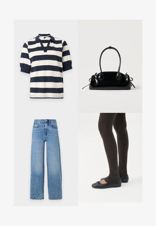 Stribet bomulds polo skjorte med hvide og marineblå vandrette striber, korte puffærmer, V-udskæring og ribbet krave.; Højtaljede, lyseblå, brede denim jeans med forlommer, bælteløkker, knaplukning og synlige sømdetaljer.; Ben iført mørke ribbede leggings kombineret med sorte balletsko med små sløjfedetaljer på hvid baggrund.; Lille sort blank håndtaske med to lange håndtag og snøre-detaljer i siden på en ensfarvet lys baggrund.