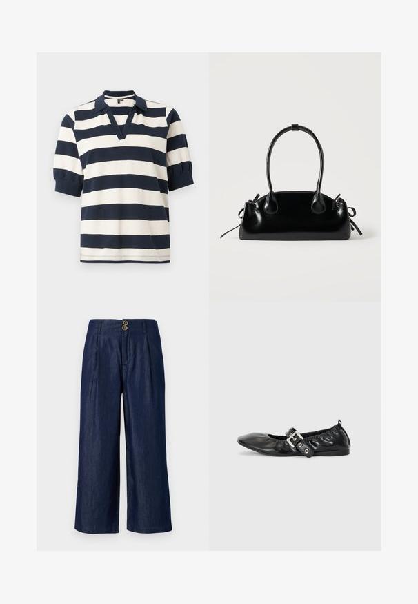 Polo en coton à rayures avec des rayures horizontalement blanches et marines, manches courtes bouffantes, décolleté en V et col à côtes.; Pantalon en denim à jambes larges bleu foncé avec fermeture à deux boutons à l'avant, doté de plis, d'une texture lisse et d'un ourlet droit.; Chaussure plate en cuir noir avec un nez pointu, des détails froncés autour de l'ouverture et un accent en boucle argentée sur la bride ajustable.; Petit sac à main noir brillant avec deux longues anses et des détails à cordon sur les côtés sur un fond clair uni.