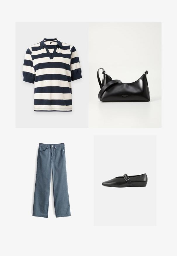 Gestreiftes Baumwoll-Polohemd mit weißen und navyblauen horizontalen Streifen, kurzen Puffärmeln, V-Ausschnitt und geripptem Kragen.; Helle blaue und weiße gestreifte weite Hosen mit hoher Taille, ausgestattet mit fünf Taschen und einem knöpfbaren Bund.; Schwarze Lederflachschuhe mit spitzem Zehenbereich, ausgestattet mit einem metallischen Riemen über dem Spann und einer niedrigen, flexiblen Sohle.; Schwarze lederne Handtasche mit glatter Textur. Verfügt über einen verstellbaren Riemen und ein elegantes, minimalistisches Design mit einem Reißverschluss.