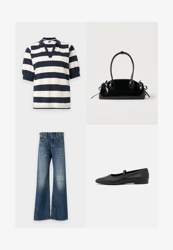 Stribet bomulds polo skjorte med hvide og marineblå vandrette striber, korte puffærmer, V-udskæring og ribbet krave.; Bredde ben denim jeans i mørkeblå, med et distressed design med revnede lapper og subtilt falmende. Klassisk fem-lomme stil.; Sorte ballet flade lavet af glatmælket læder, med en rund tå, et lille bånd henover toppen, og et minimalistisk design.; Lille sort blank håndtaske med to lange håndtag og snøre-detaljer i siden på en ensfarvet lys baggrund.