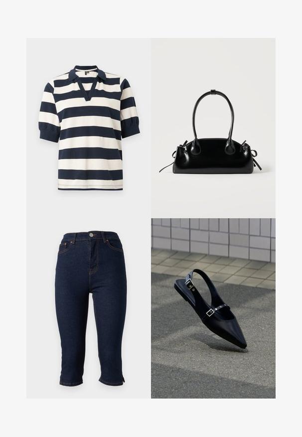 Polo en coton à rayures avec des rayures horizontalement blanches et marines, manches courtes bouffantes, décolleté en V et col à côtes.; Jean skinny court en denim bleu foncé avec fermeture frontale par boutons et surpiqûres orange, présenté sur fond blanc.; Mocassin noir à bout pointu et bride arrière, avec double boucle, posé sur un asphalt gris près d'un mur carrelé en arrière-plan.; Petit sac à main noir brillant avec deux longues anses et des détails à cordon sur les côtés sur un fond clair uni.