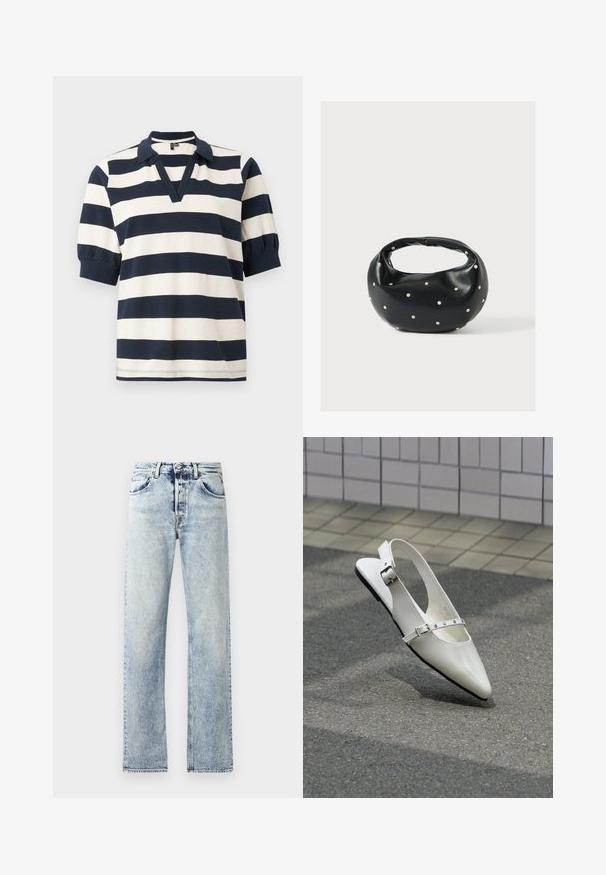 Gestreiftes Baumwoll-Polohemd mit weißen und navyblauen horizontalen Streifen, kurzen Puffärmeln, V-Ausschnitt und geripptem Kragen.; Hellblaue Denim-Jeans mit gerader Beinform. Merkmale sind fünf Taschen, Gürtelschlaufen und ein ausgefranster Saum am unteren Ende.; Weißer spitzer Slingback-Slipper mit zwei silbernen Schnallen, abgebildet im Freien auf strukturiertem Boden und gefliester Wand im Hintergrund.; Schwarze Lederhandtasche mit abgerundeter Form, verziert mit silbernen Nietenakzenten und kurzem Griff. Glatte Struktur und Reißverschlussverschluss.