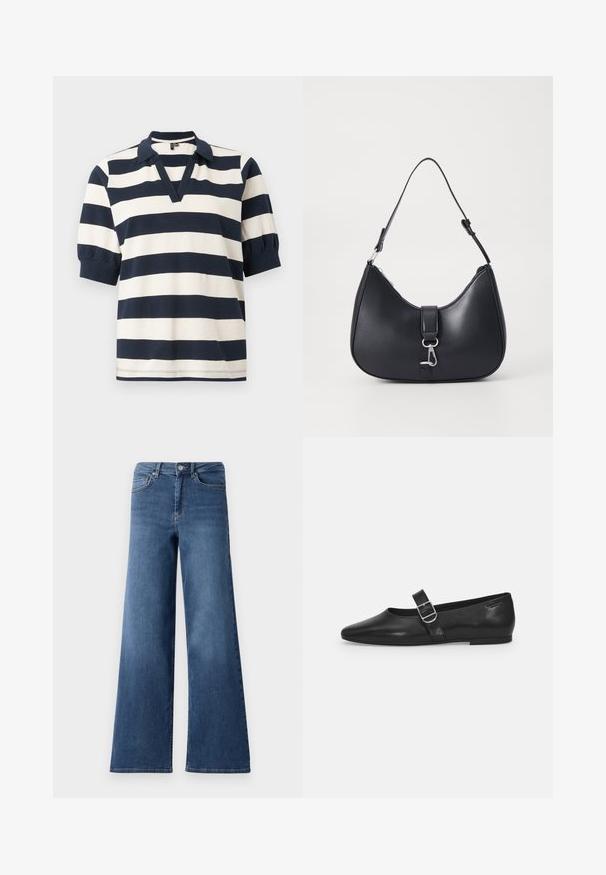 Stribet bomulds polo skjorte med hvide og marineblå vandrette striber, korte puffærmer, V-udskæring og ribbet krave.; Bredde ben blå denimjeans med en standard talje, forlommer og en glat tekstur. Ingen synlige mønstre eller udsmykninger.; Sorte læder flade sko med rund tå, et enkelt justerbart spænde og en glat, blank overflade. Minimalistisk design med en lav hæl.; Pieces PCLIKA SHOULDER BAG - Håndtasker - black