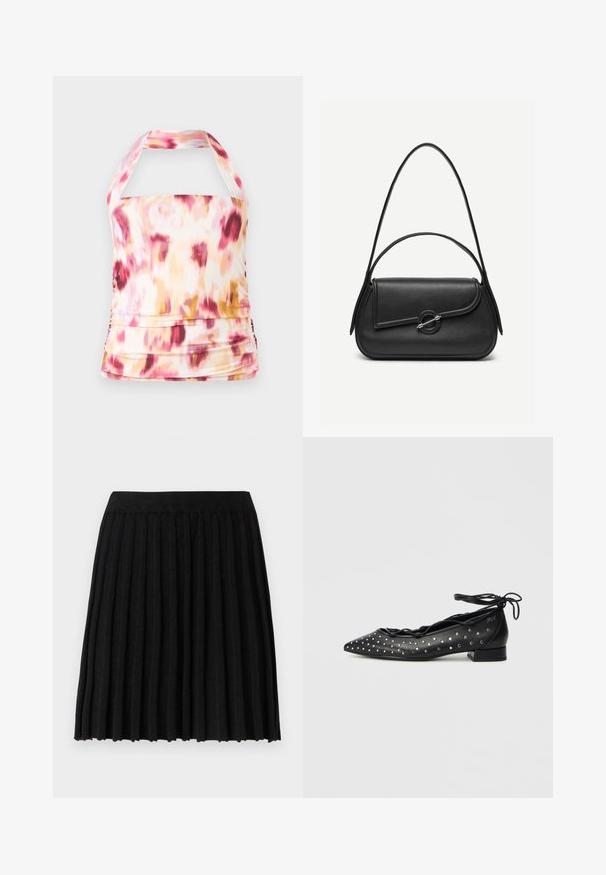 Halter neck top i let materiale med et pink, gult og hvidt tie-dye mønster. Har sammenfoldet detaljer og en tætsiddende silhuet.; Vero Moda Knitted VMMARINA Short - Mini skirts - black; Sorte balletflade sko i læder med spids tå, snøredesign og sølvnitte-accenter langs siderne. Lav blokhæl.; Sort læderhåndtaske med afrundede kanter, asymmetrisk klap, metalcirkulært spænde samt både korte og lange skulderstropper.