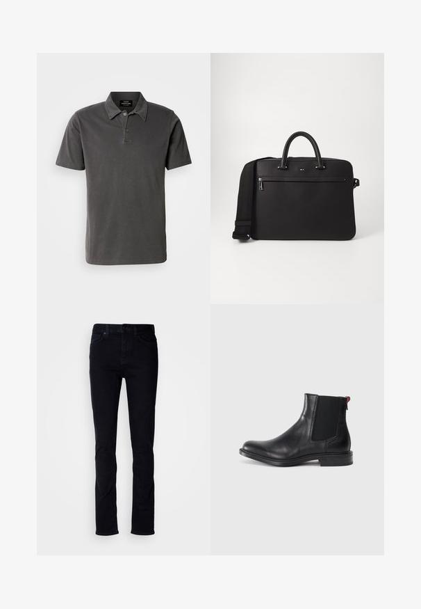 Mørk grå polo skjorte lavet af blød bomuld. Har en krave med to knapper, korte ærmer og en lige kant.; Sorte denimjeans med slim fit, fem-lomme design, synlig syning og knappelukning. Glat tekstur uden yderligere mønstre.; Sort læder Chelsea-støvle med elastiske sidepaneler, afrundet tå og lav, stablet hæl. Har en rød løftestrop og subtil branding på siden.; Sort lædertaske med glat overflade, dobbelte top-håndtag og en aftagelig skulderrem. Har en lynlåslomme foran og logo-detalje.