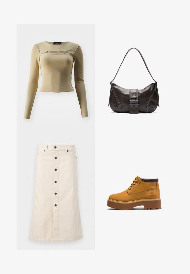 Langarmsgroene top van zacht materiaal met een aansluitend ontwerp en een ronde halslijn, met drie decoratieve zilveren accenten over de borst.; Beige denim rok tot op de knie met zwarte knopen aan de voorkant, riemlussen en zijzakken tegen een effen witte achtergrond.; Tan leren enkelboots met een ronde neus, bruine accenten, een dikke plateauzool en contrasterende gele veters. Heeft een logo aan de zijkant.; Bruine leren schoudertas met een gebogen vorm, voorzien van een opvallende gespdetail, contrasterende stiksels en een enkele schouderband.