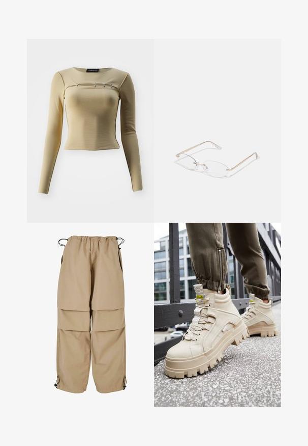 Beige Langarmoberteil aus weichem Stoff mit figurbetontem Schnitt und rundem Halsausschnitt, verziert mit drei dekorativen silbernen Akzenten über der Brust.; Beige Cargo-Hosen mit elastischem Bund, geschichteter Optik und seitlichen Taschen. Verfügt über verstellbare Bündchen mit Toggle-Verschlüssen für eine anpassbare Passform.; Beige High-Top-Sneaker mit einer klobigen, texturierten Sohle, Schnürdesign und gelben Akzent-Tags. Obermaterial aus strukturiertem Leder mit kontrastierenden Nähten.; Goldfarbene Metallbrille mit ovalen Gläsern, schlanken Bügeln und klaren Nasenpolstern. Verfügt über subtile Scharnierakzente und transparente Gläser.